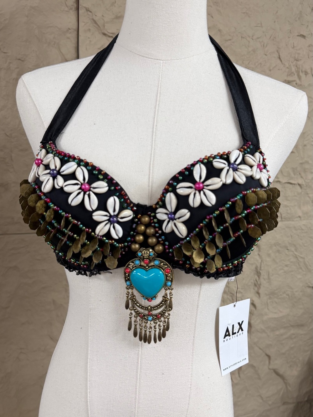 ALX Boutique Embellished Tribal Beaded Bra Top - Black & Turquoise